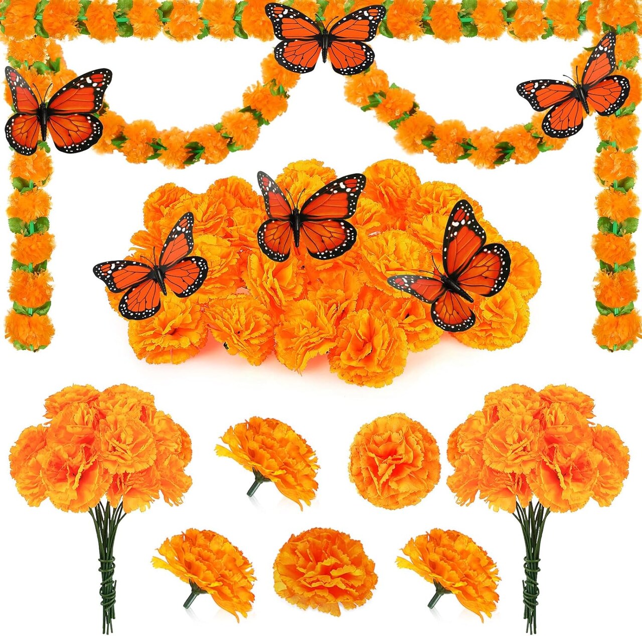 38 Day of The Dead Decor - 2 Pcs 4.9 ft Marigold Garland (Mainly Orange)